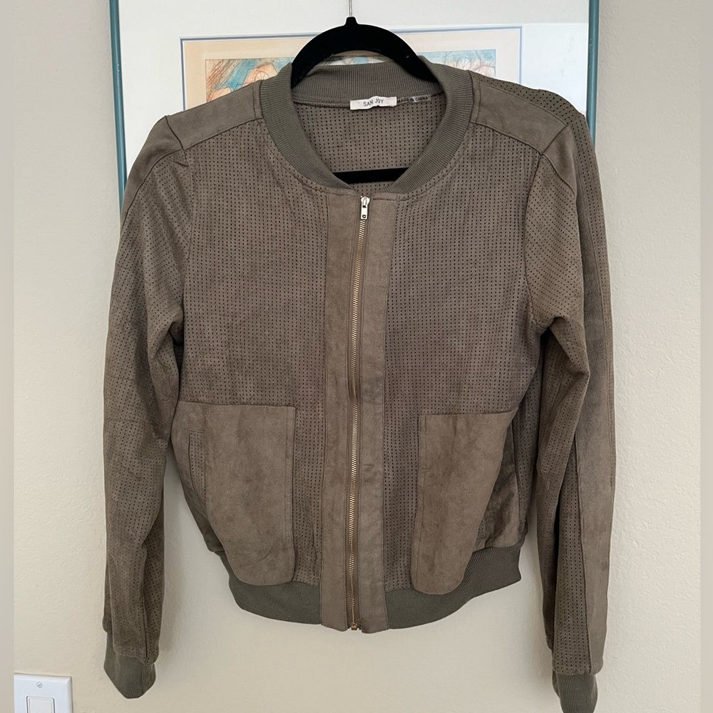 San Joy Women's Olive Green Faux Suede Baseball Bomber style Jacket S